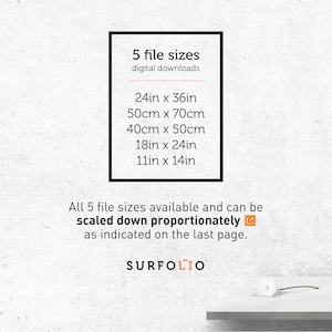 May include: A black framed graphic with the text "5 file sizes digital downloads" and size options: 24in x 36in, 50cm x 70cm, 40cm x 50cm, 18in x 24in, and 11in x 14in. The text "All 5 file sizes available and can be scaled down proportionately" is also included.