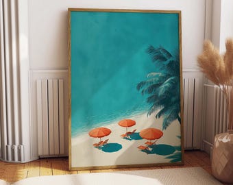 Lámina con escena de playa, decoración de pared costera, ilustración de palmera (descarga digital)
