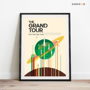 Peut inclure: Une affiche de style rétro avec le texte "THE GRAND TOUR" et "JUPITER / SATURN / URANUS / NEPTUNE" en noir. L'affiche représente une planète verte avec des anneaux, un anneau jaune et plusieurs fusées en vol. Le fond est de couleur jaune clair.