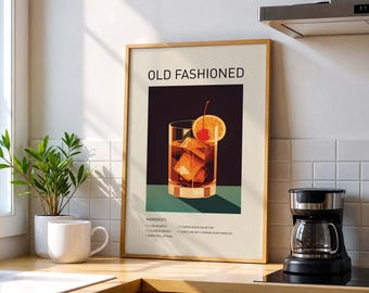 May include: A framed wall art print featuring a graphic illustration of an Old Fashioned cocktail. The artwork displays the text OLD FASHIONED at the top, a glass with amber liquid, ice cubes, an orange slice, and a cherry, plus a list of ingredients.
