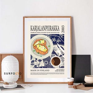 Karjalanpiirakka Art Karelian pasty Finland Print Kitchen Retro Decor Finland Delicious Finnish Cafe Print Food Wall Art Coffee Retro Poster