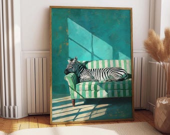 Lámina decorativa de cebra para pared, póster de animales verde esmeralda, decoración de safari a rayas (descarga digital)