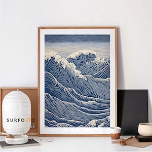Linolschnitt Meer Ozean Japan Retro Welle Wellen Linie Druck Linolschnitt Wellen Poster Linolschnitt Wellenkunst Linolschnitt Minimalistisch Japan Ozean Druck Minimalistisch
