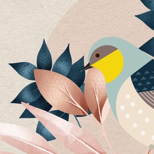 May include: A stylized illustration of a bird with blue, yellow, and white colors, perched on a branch of pink and blue leaves. The bird has a yellow beak and a black eye.