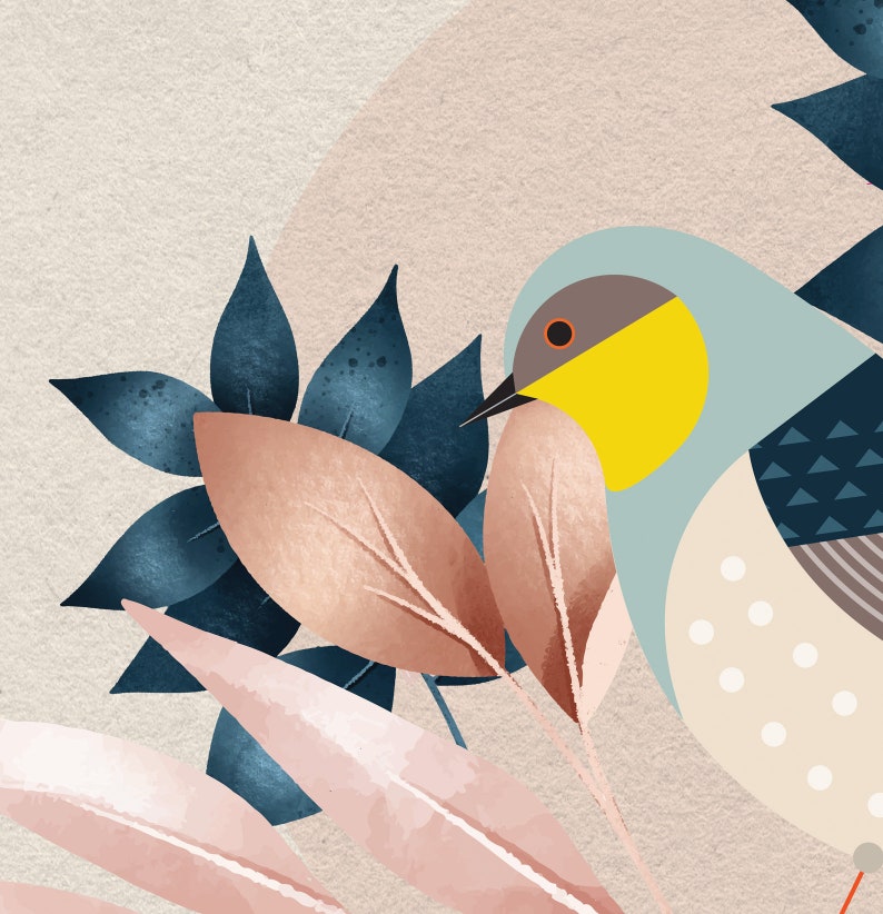 May include: A stylized illustration of a bird with blue, yellow, and white colors, perched on a branch of pink and blue leaves. The bird has a yellow beak and a black eye.
