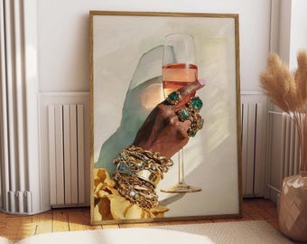Lámina artística Champagne Glam, ilustración de bebida rosa, póster de joyería (descarga digital)