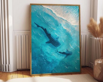 Lámina artística de tiburón ballena, decoración de pared con temática marina y costera (descarga digital)