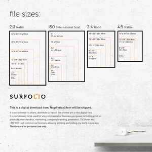 May include: Image showing file size ratios for digital art prints. Includes 2:3, ISO, 3:4, and 4:5 ratios with dimensions in inches and centimeters. The text "SURFOLIO" is at the bottom, along with a disclaimer about digital downloads.