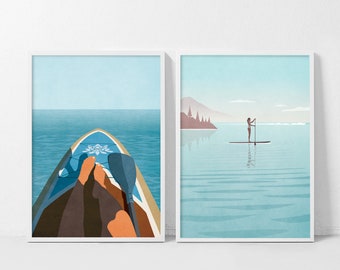 Conjunto de 2 pôsteres: Garota no oceano surfando, mulher praticando stand up paddle, remando no oceano, estampa de prancha de stand up paddle, mulher surfando e relaxando no oceano.