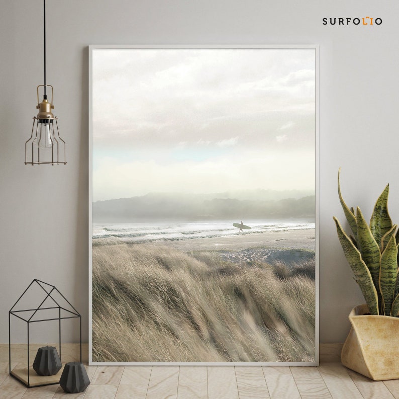 Morning Beach Print Surfboard Poster beige Surfboard Surf Art Decor chasing sunrise morning surf beach Sunrise surf sunrise surf beach