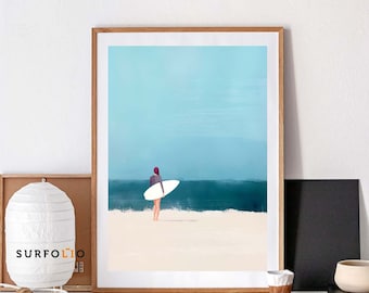 Surfer Girl Art Print, Minimalist Beach Wall Decor (Digital Download)