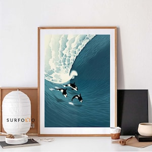 Impresión de orca, arte de pared de orca, impresión de vida marina, impresión de olas grandes, arte del océano marino, ilustración de orca, impresión de orca, arte de olas retro, orca marina