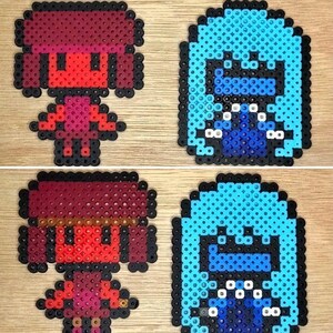 May include: Four pixel art characters made with colourful beads. Two characters are red and two are blue. The red characters are female and the blue characters are male. The characters are all wearing different outfits.