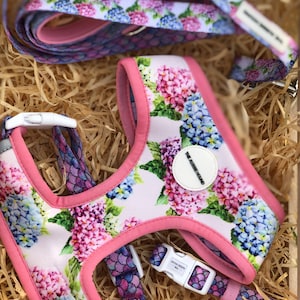 Pode incluir: Conjunto de arnês e trela para cães com um padrão floral de hortênsias em rosa, roxo e azul. O arnês tem uma borda rosa e uma fivela branca. O texto "THE NOSE HOUND" está presente.