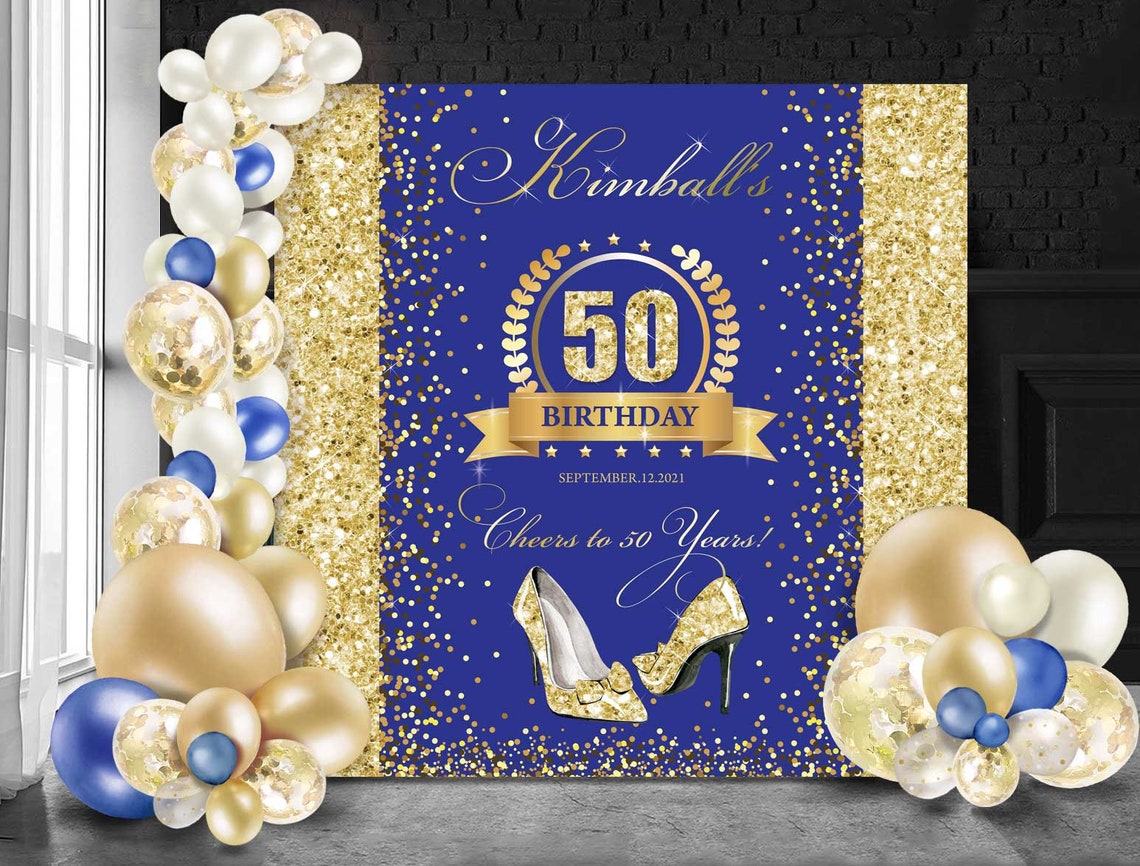 50th Birthday Backdrop Royal Blue And Gold Party Banner Royal Etsy