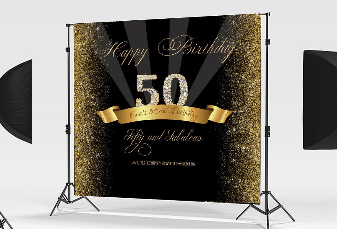 50th Birthday Backdrop Black And Gold Party Banner Black And Etsy