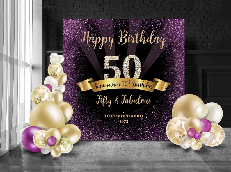 50th Birthday Backdrop Purple and Gold Backdrop Party Purple | Etsy