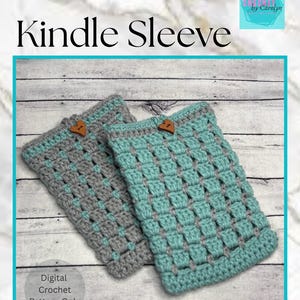 May include: Two rectangular crochet sleeves featuring a block stitch pattern. One sleeve is primarily gray with teal accents, and the other is teal with gray accents. Each sleeve is adorned with a small, brown, heart-shaped wooden button at the top.