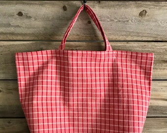 Handmade, cotton, re-usable, grocery, tote, storage, carry-all bag.