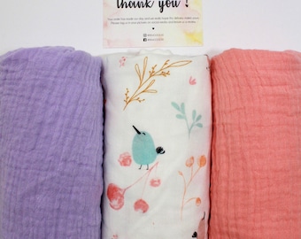 Girls Muslin Set - Little Birdies Floral Muslin Square -Soft-Burp Cloth Breastfeeding Cover - New Mum To Be Baby Shower Gift - Peach &Lilac