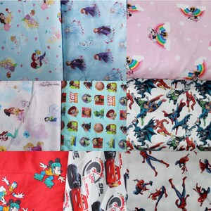 May include: A collage of ten different fabric squares featuring various cartoon characters. The squares are arranged in a 3x3 grid with one square below the center. The characters include Disney princesses, Toy Story characters, superheroes, and Mickey Mouse.
