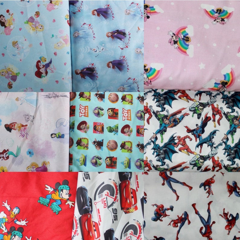 May include: A collage of ten different fabric squares featuring various cartoon characters. The squares are arranged in a 3x3 grid with one square below the center. The characters include Disney princesses, Toy Story characters, superheroes, and Mickey Mouse.