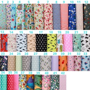 May include: A collection of 42 fabric swatches featuring various patterns and colors. The swatches are arranged in rows and numbered 1 through 42. The patterns include floral, geometric, animal print, and more.