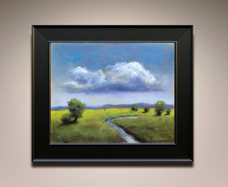 Import Sales for sale Small Country Landscape Drawing Oil Pastel Cloudscape Painting