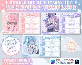 Starry Sky Twitch Stream Schedule Modelo Semanal PACOTE Conjunto de 3 | Rosa, Roxo, Azul | Inclui PSD + CANVA | Ativos Vtuber | Pastel fofo