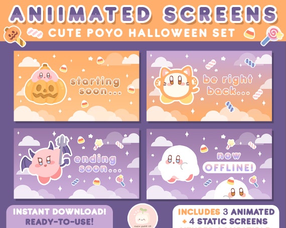 7x ANIMATED Twitch Halloween Cute Poyo Stream Screens | Spooky, Overlay Pastel Purple Orange Pink| Starting, BRB, Ending, Offline Scenes Set