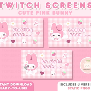 9x Twitch Cute Pink Bunny Stream Screens | STATIC PNG | Kawaii, Pastel Aesthetic, Strawberry | Starting, BRB, Ending Offline Overlay Scenes