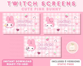 9x Twitch Cute Pink Bunny Stream Screens | STATIC PNG | Kawaii, Pastel Aesthetic, Strawberry | Starting, BRB, Ending Offline Overlay Scenes