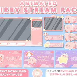Pacote ANIMADO Twitch Cute Kirby Stream Bundle | Sobreposições Twitch, Painéis, Telas, Webcam, Alertas, Emotes | Estética Kawaii Rosa | CONJUNTO COMPLETO