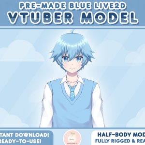 Premade Live 2d Vtuber Model | RIGGED + Ready To Use | Half Body | Cute Blue Hair Boy Male | Virtual Streamer Custom Model For Streaming