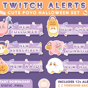 12x Twitch Halloween Cute Purple Poyo Stream Alerts Set | Static PNGs | Spooky, Fall Decoration Ghost Devil, Pastel Orange Pink | Alert Pack