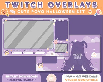 Purple Poyo Cute Halloween Twitch OVERLAY Set | Webcam | Vtuber Overlay | Customizable | Just Chatting Stream Overlay Twitch | Kawaii Spooky