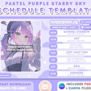 Cute Purple Starry Sky Twitch Stream Schedule Weekly Template | Includes PSD + CANVA | Vtuber Assets | Sparkle, Stars, Clouds, Kawaii Pastel