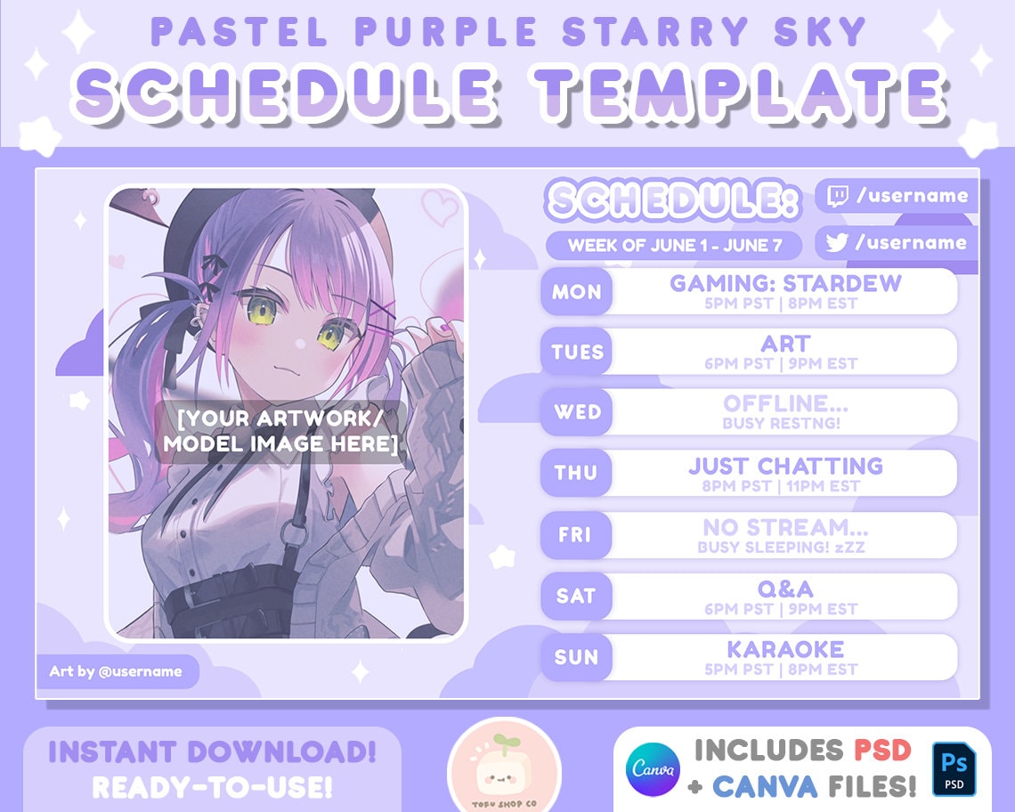 Modelo semanal de programação semanal de transmissão de Twitch de céu estrelado roxo bonito | Inclui PSD + CANVA | Ativos Vtuber | Brilho, Estrelas, Nuvens, Kawaii Pastel