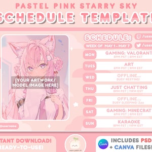Cute Pink Starry Sky Twitch Stream Schedule Weekly Template | Includes PSD + CANVA | Vtuber Assets | Clouds Kawaii Pastel Streamer Schedule