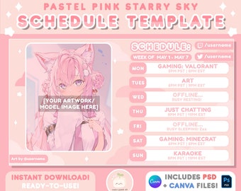 Modelo semanal de programação semanal de fluxo de Twitch de céu estrelado rosa fofo | Inclui PSD + CANVA | Ativos Vtuber | Programação de streamer de nuvens Kawaii Pastel
