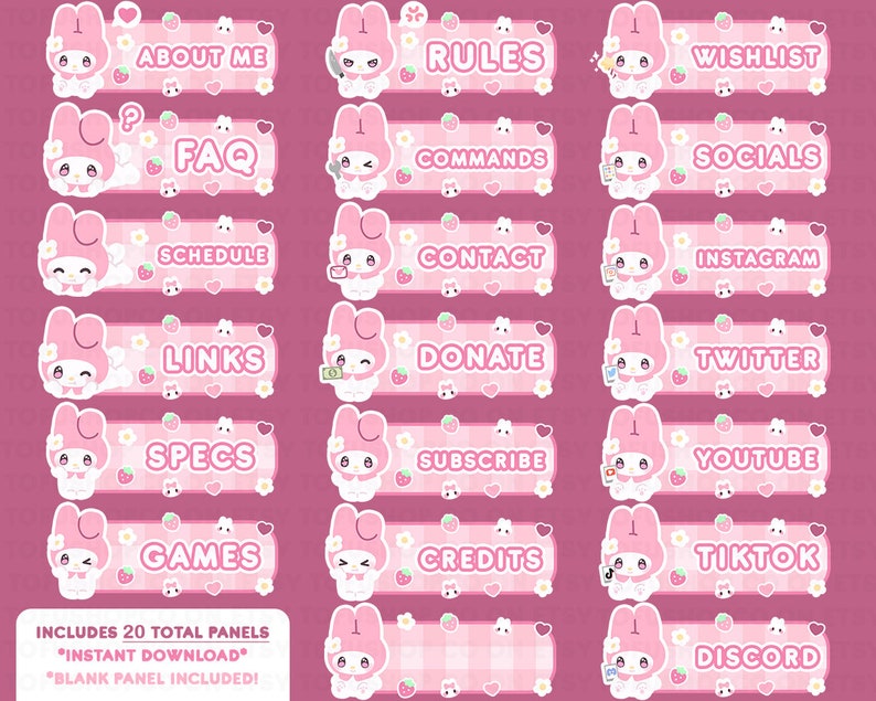 Cute Pink Bunny Twitch Panels for Streaming / Includes 20 Total Panels / Instant Download /  Black Panel Included