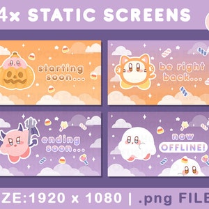 May include: Four static screens featuring a pink character with different expressions and Halloween-themed backgrounds. The text on the screens reads "starting soon...", "be right back...", "ending soon...", and "now offline!"