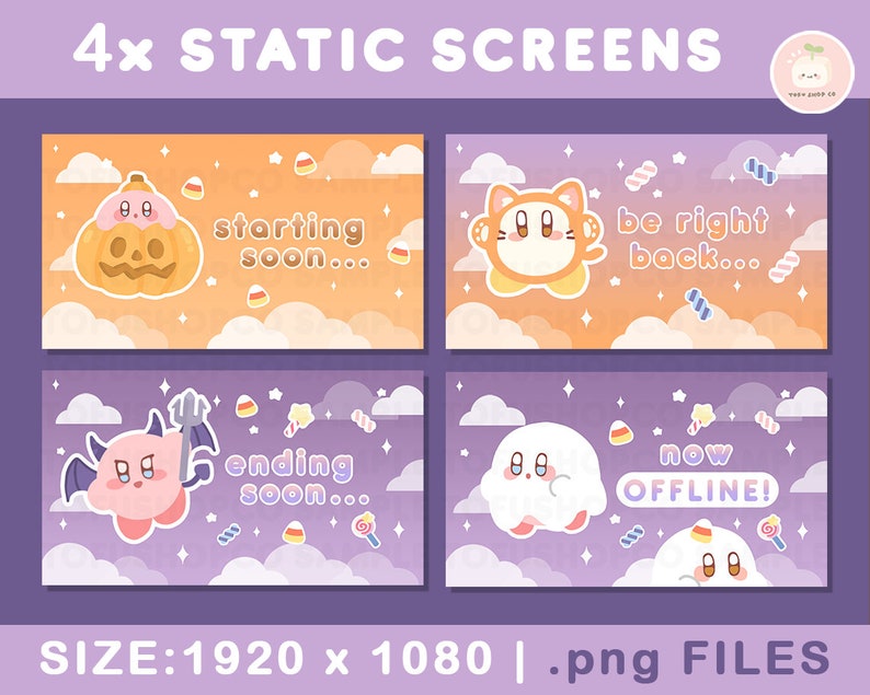 May include: Four static screens featuring a pink character with different expressions and Halloween-themed backgrounds. The text on the screens reads "starting soon...", "be right back...", "ending soon...", and "now offline!"