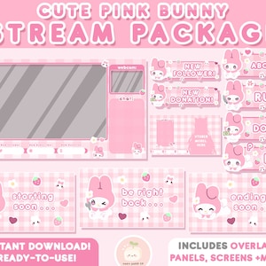 Twitch Cute Pink Bunny Stream Paket | Twitch Overlays, Panels, Warnungen, animierte Bildschirme | Vtuber | Kawaii Layout Bundle Pack | VOLLES SET