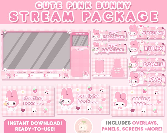 Twitch Cute Pink Bunny Stream Package | Twitch Overlays, Panels, Alerts, Animated Screens | Vtuber | Kawaii Layout Bundle Pack | FULL SET