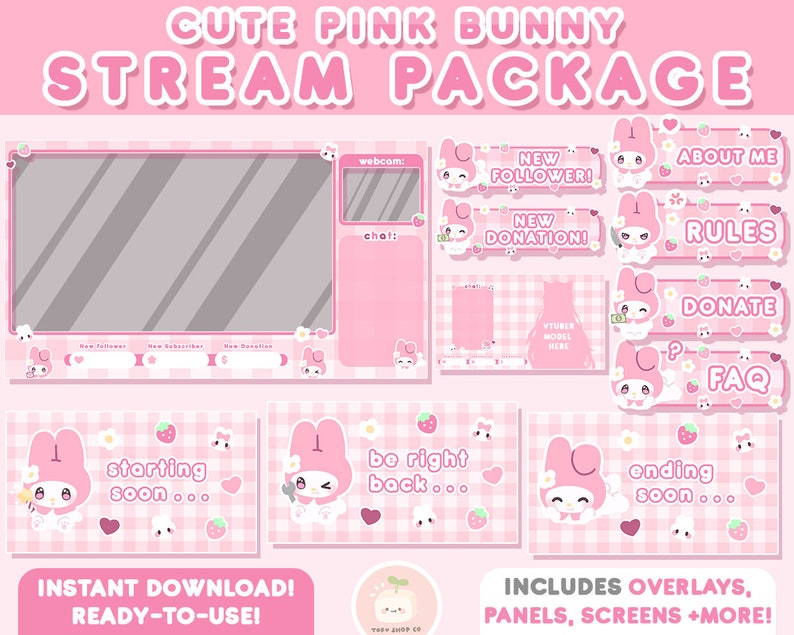 Twitch Cute Pink Bunny Stream Package | Twitch Overlays, Panels, Alerts, Animated Screens | Vtuber | Kawaii Layout Bundle Pack | FULL SET image 1