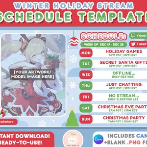 Winter Holiday Christmas Twitch Stream Schedule Template | Includes CANVA Link |Red, Green, Blue Cute Weekly Vtuber Schedule | Vtuber Assets