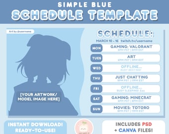 Modelo semanal simples de programação de stream do Twitch azul | Inclui PSD + CANVA | Ativos Vtuber | Gráficos | Pastel Cute, programação do Streamer Vtuber