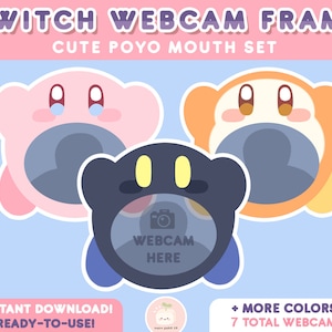 May include: A set of seven Twitch webcam frames featuring a cute pink, orange, and black character with a large open mouth. The frames are designed to be used as overlays for Twitch streams. The text "WEBCAM HERE" is displayed on the black frame.