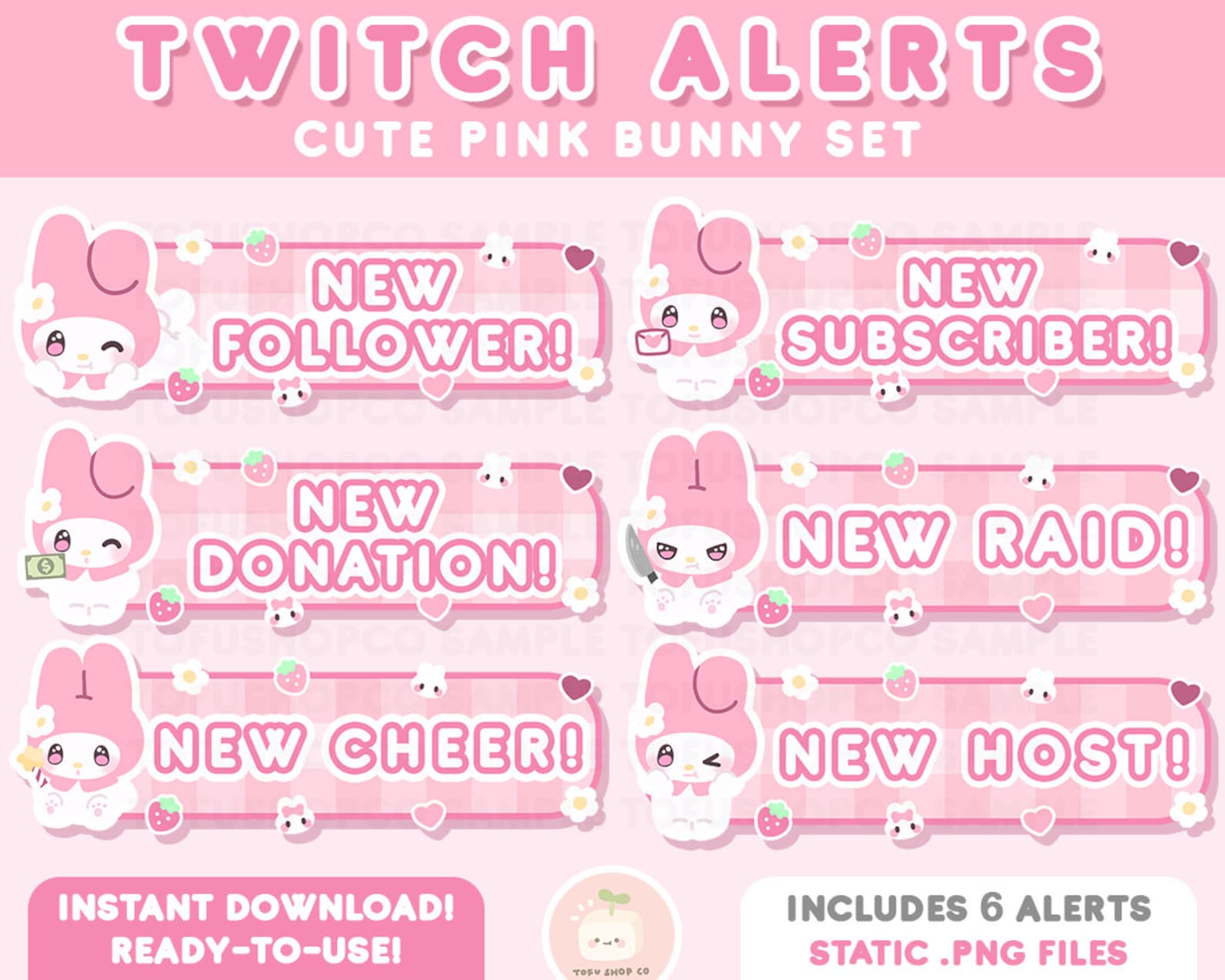 Pink Raid Alert 6x Twitch Cute Pink Bunny Stream Alerts | Static .pngs | Follower ...